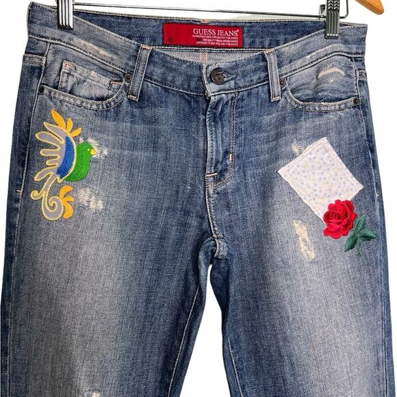 Guess Jeans Flared Bootcut Low Rise Embroidered Destroyed Flared Jeans Size 28 - Picture 3 of 10